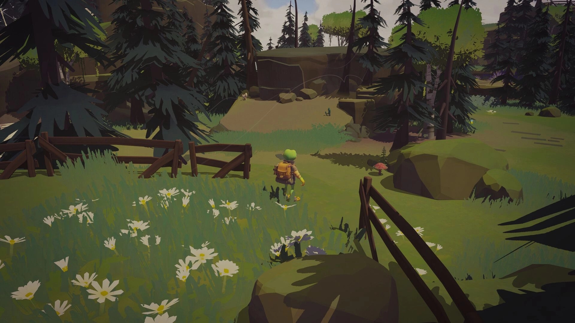 Frog Holm: Frog adventurer with backpack walking through a daisy meadow and pine forest clearing.