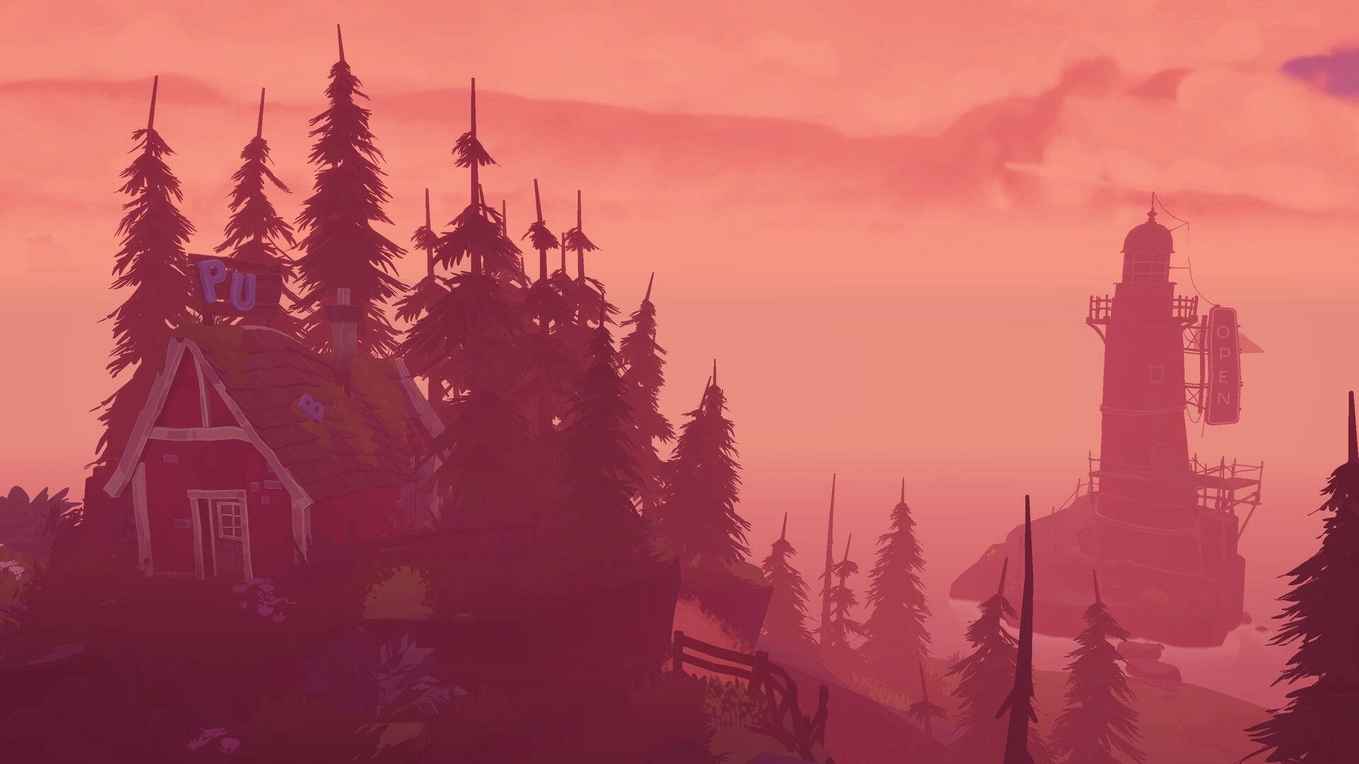 Frog Holm: Pub building with glowing sign on a cliff, lighthouse with OPEN sign in pink sunset fog.