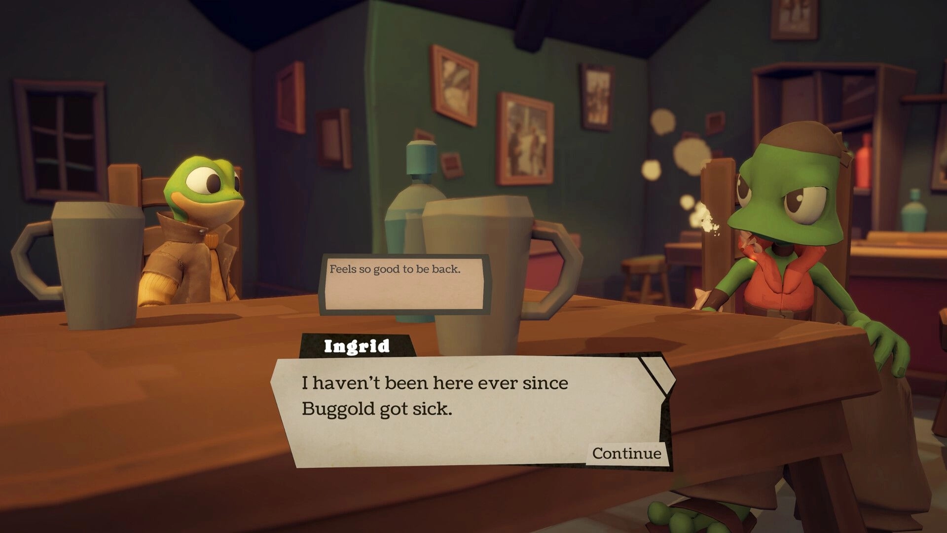 Frog Holm: Ingrid dialogue box over two frogs at a pub table with mugs and framed wall art.