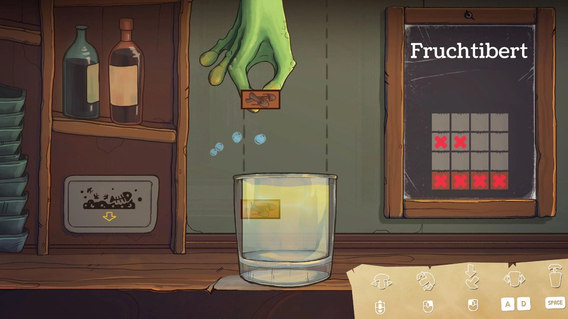 Frog Holm: Frog hand drops a fruit label into a glass by the bar shelf and Fruchtibert board.