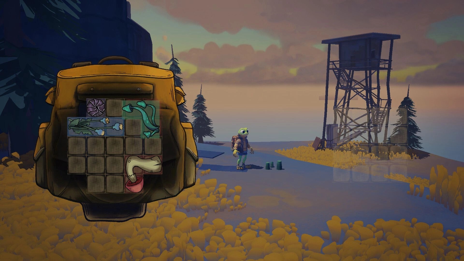 Frog Holm: Frog character with backpack and open inventory grid on a coastal path by watchtower.