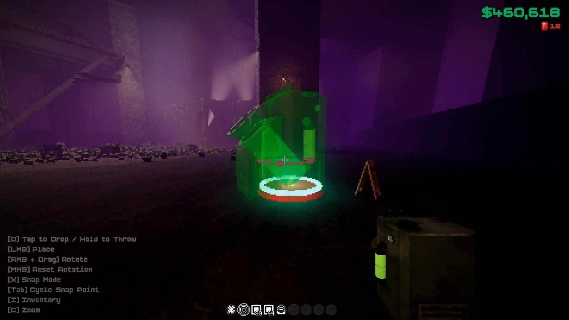 FROG IN THE HOLE!: Placing a glowing green frog funnel machine in a dark purple cavern factory UI.