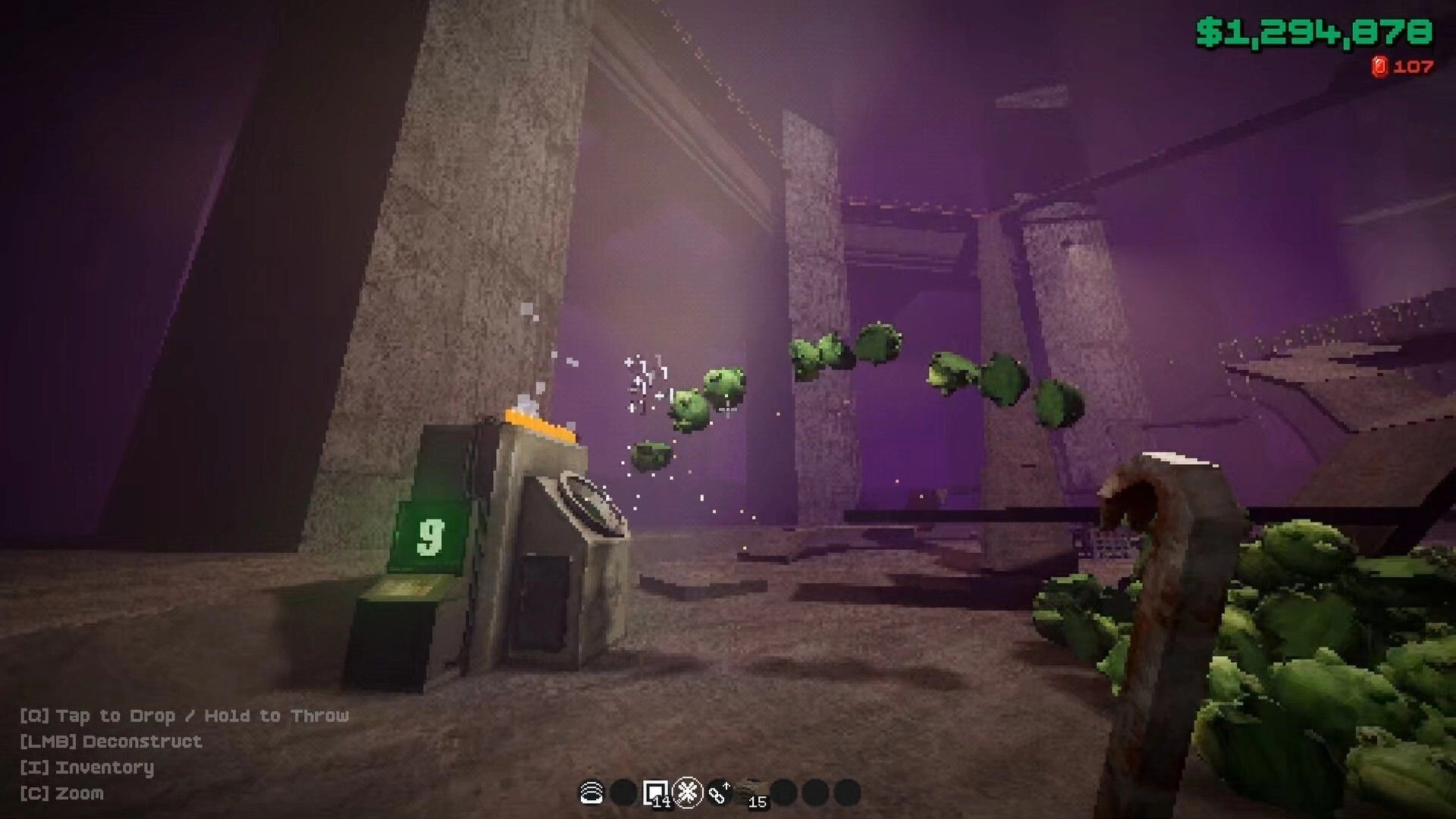 FROG IN THE HOLE!: Conveyor launches frogs into a pipe intake in purple stone factory, cash HUD visible.