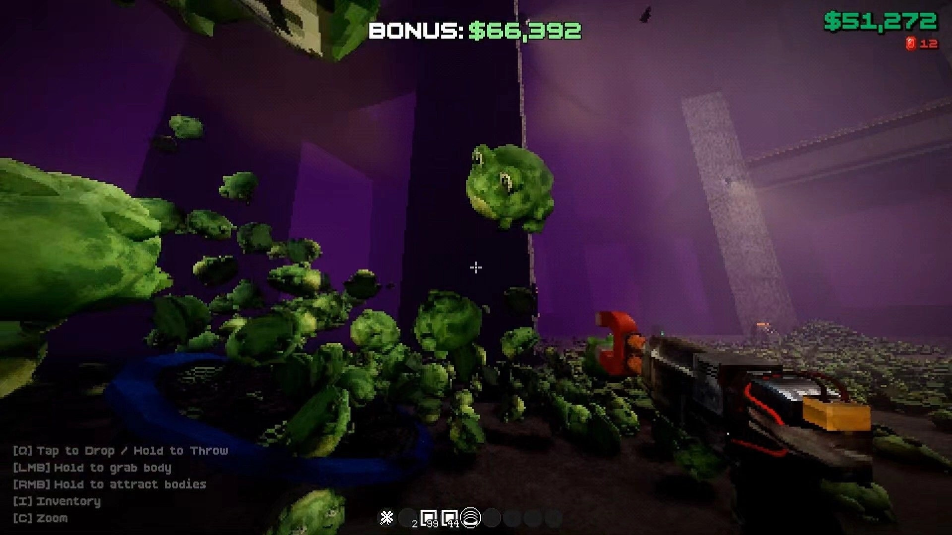 FROG IN THE HOLE!: First-person view of frogs piling in a purple pit, bonus and cash UI visible.