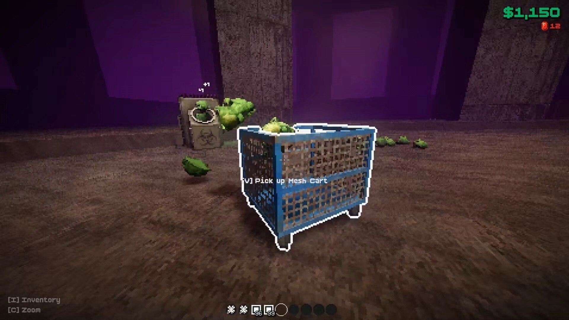 FROG IN THE HOLE!: Highlighted mesh cart pickup prompt amid scattered frogs in purple-lit room UI cash counter.