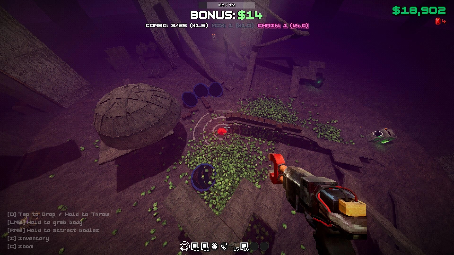 FROG IN THE HOLE!: First-person view aiming a grab tool at a pit, bonus and cash UI in cavern.