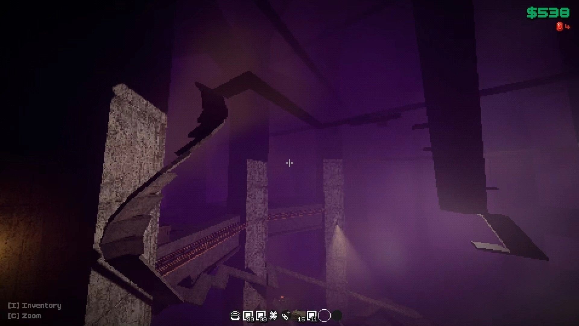 FROG IN THE HOLE!: First-person view exploring a purple industrial tunnel with HUD cash and hotbar icons.