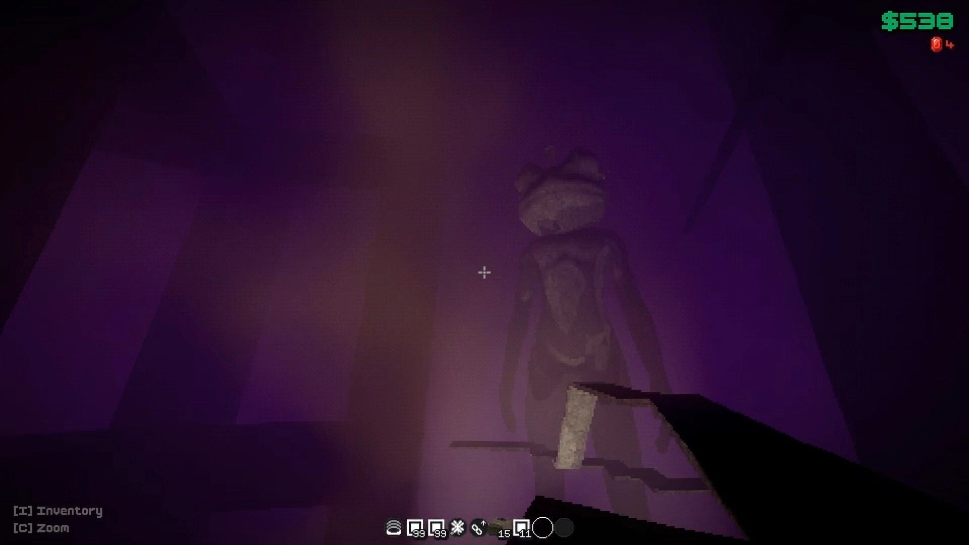 FROG IN THE HOLE!: First-person view of a giant frog statue in purple foggy cavern with cash UI.