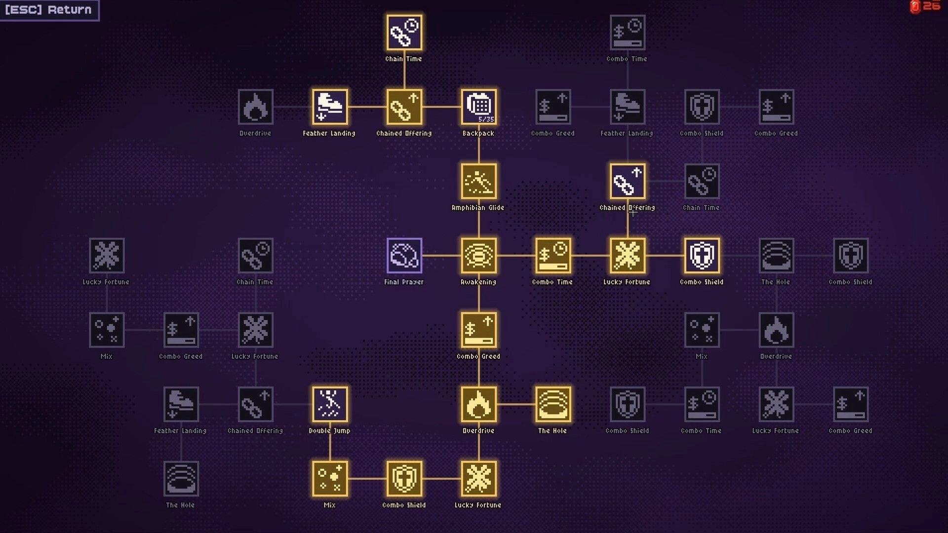FROG IN THE HOLE!: Skill tree menu with linked perk icons like Overdrive and The Hole on purple grid.