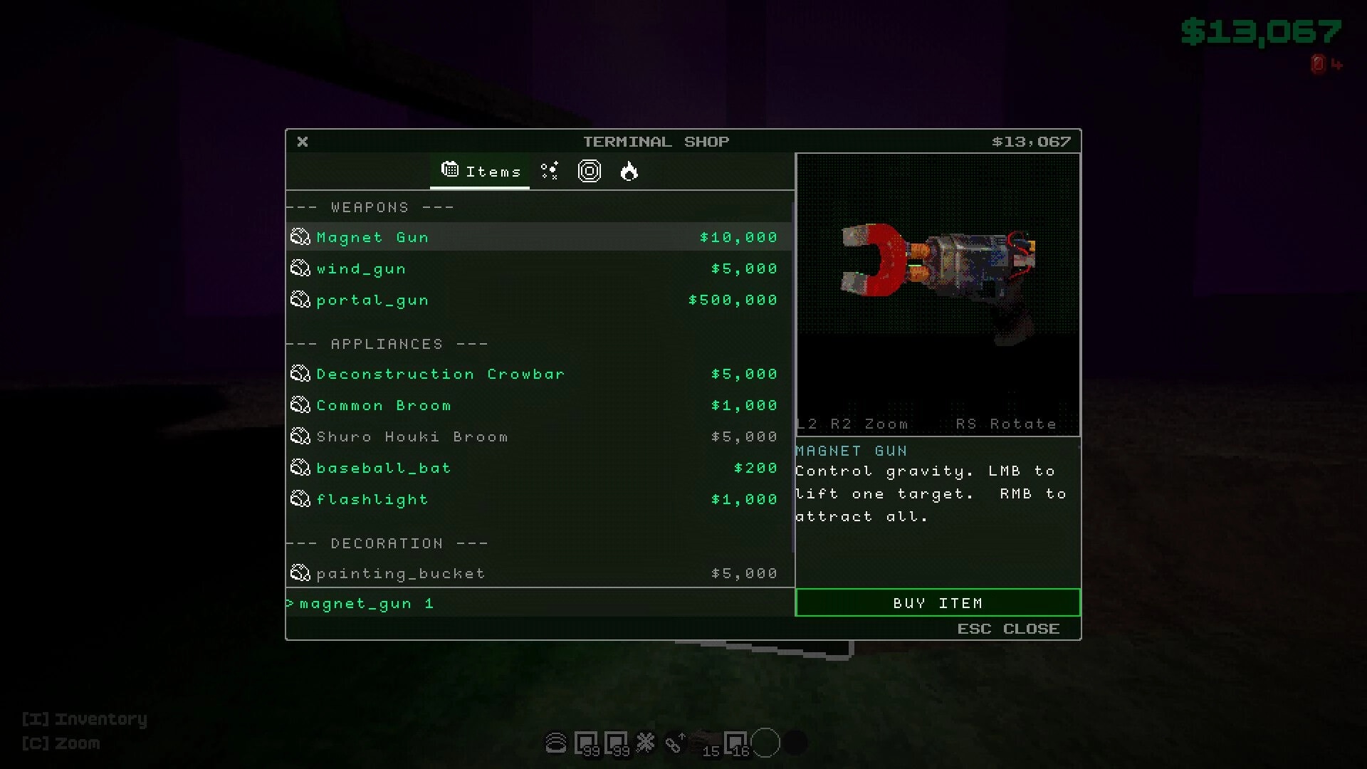 FROG IN THE HOLE!: Terminal shop items list with Magnet Gun preview and Buy Item button on screen.