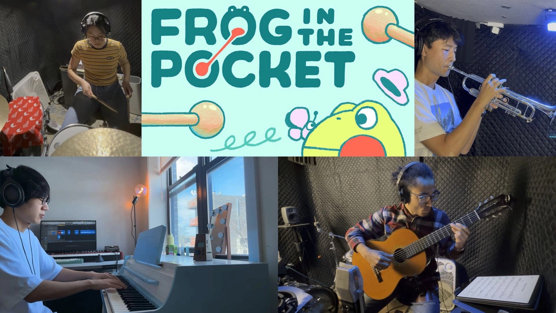 Frog In The Pocket: Title logo with cartoon frog, surrounded by musicians playing instruments in studios.