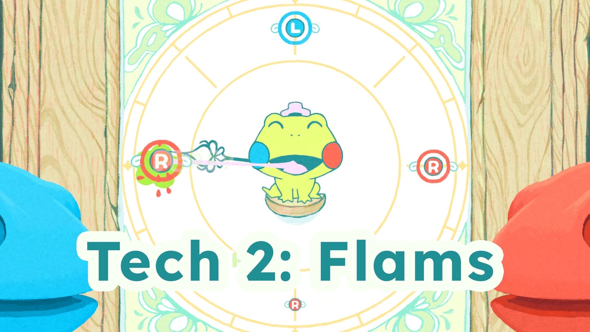 Frog In The Pocket: Frog rhythm cue with R button targets on circular stage, Tech 2: Flams title.