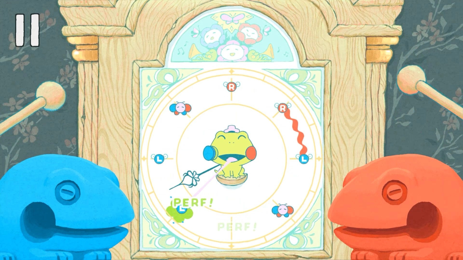 Frog In The Pocket: Frog hits L and R prompts on circular rhythm board framed by blue and red hands.