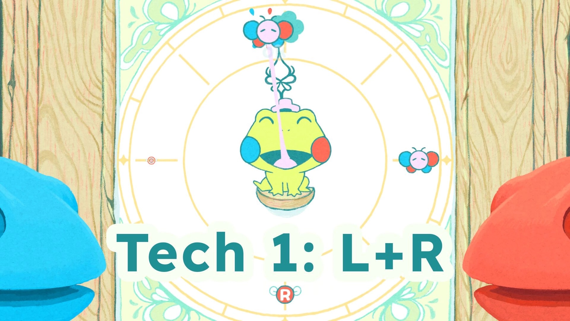 Frog In The Pocket: Frog holds a note while flowers hover, tutorial prompt “Tech 1: L+R” on screen.