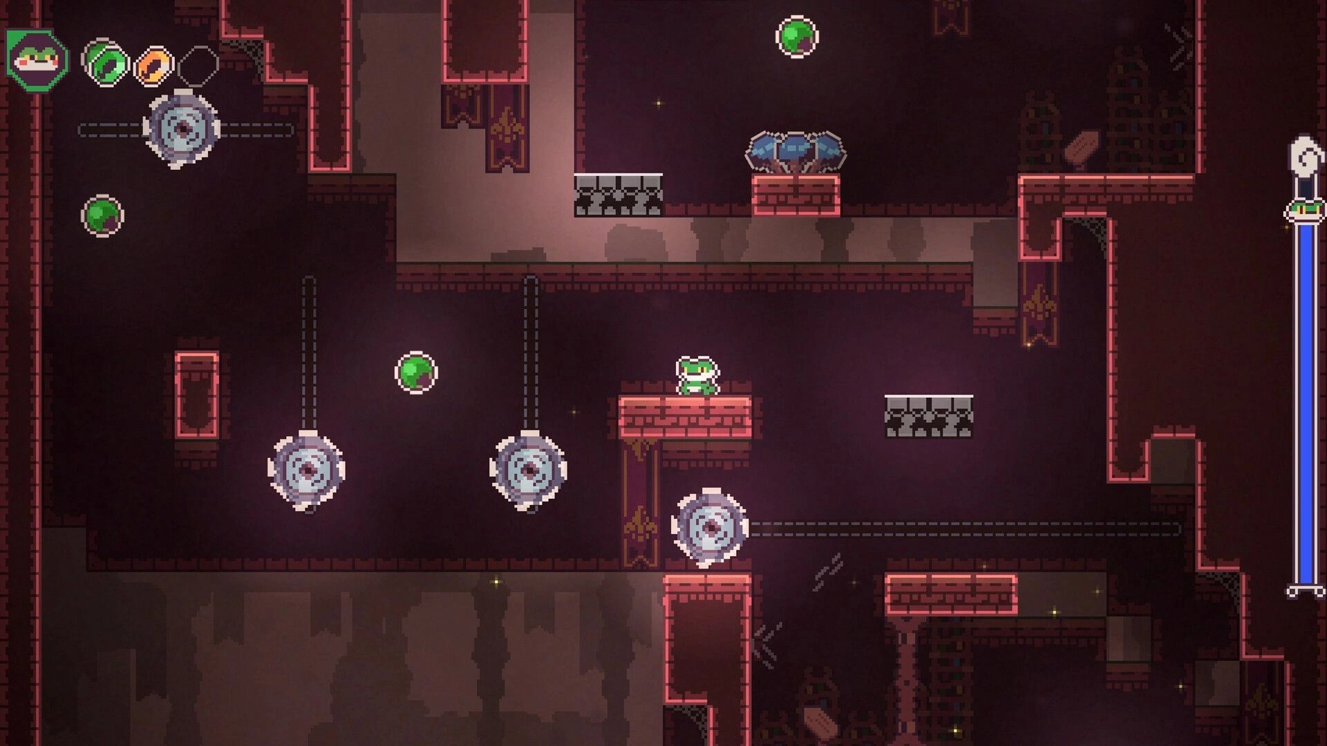 Frog Knight: Frog protagonist on red platform among spinning blades and green orbs in dark dungeon.