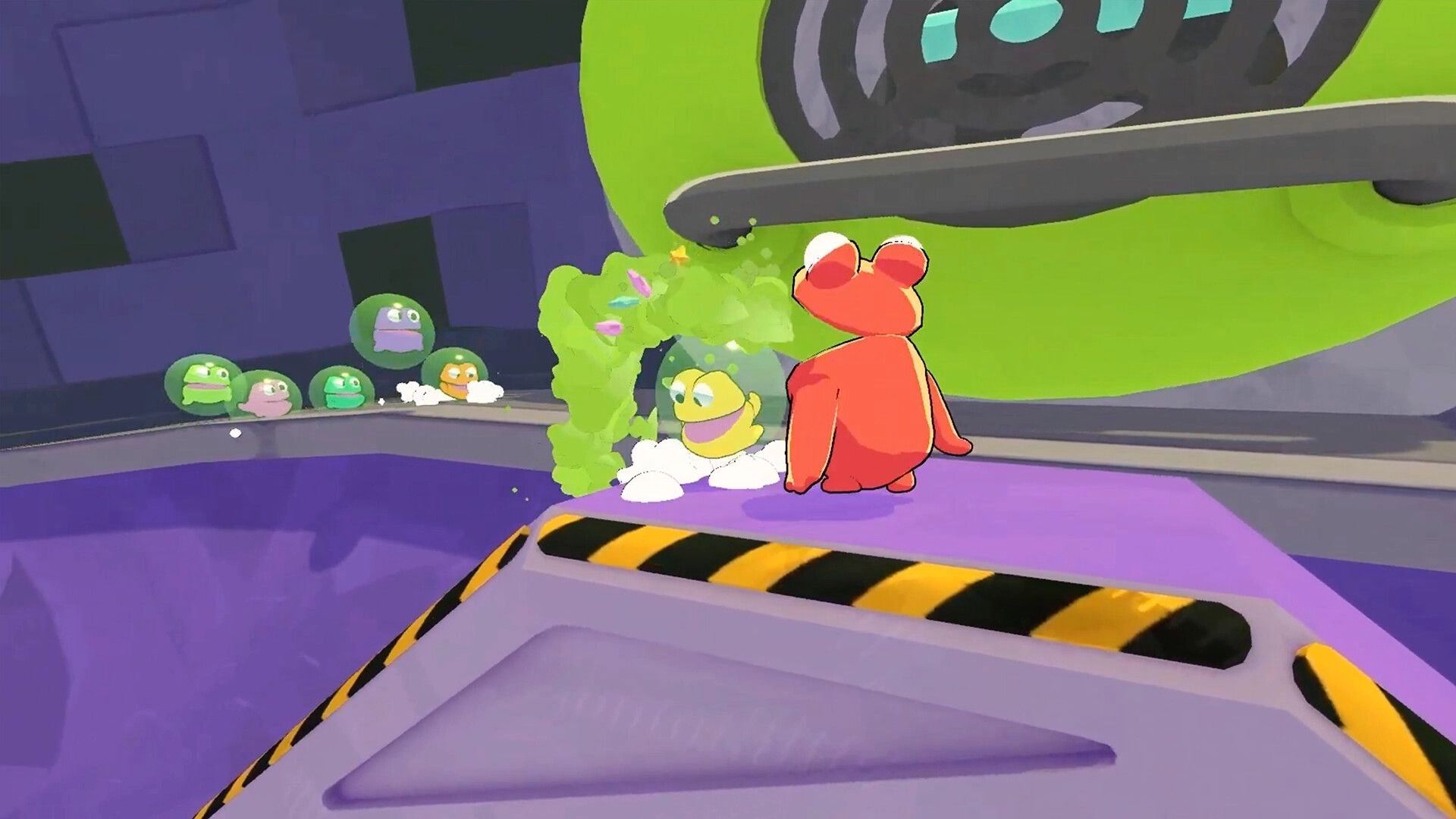Frog Sqwad: Red frog watches yellow frog spew bubbles in a colorful sewer with green pipes.