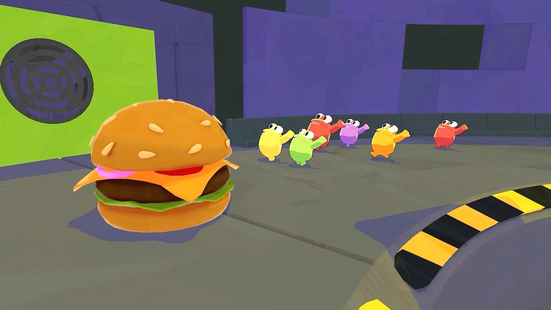 Frog Sqwad: Colorful frogs approach a giant burger in a vibrant sewer environment.