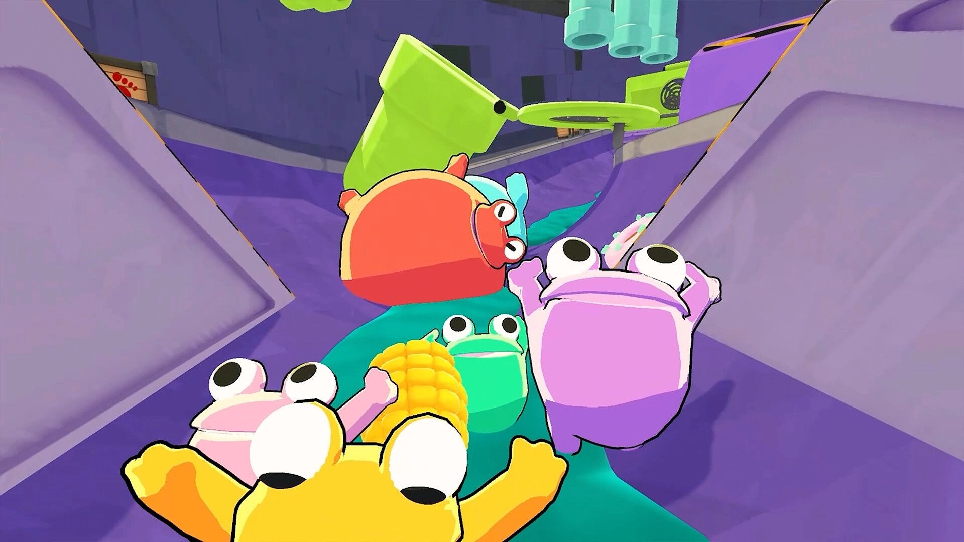 Frog Sqwad: Colorful frogs tumble through a vibrant sewer pipe, navigating toward a green platform.