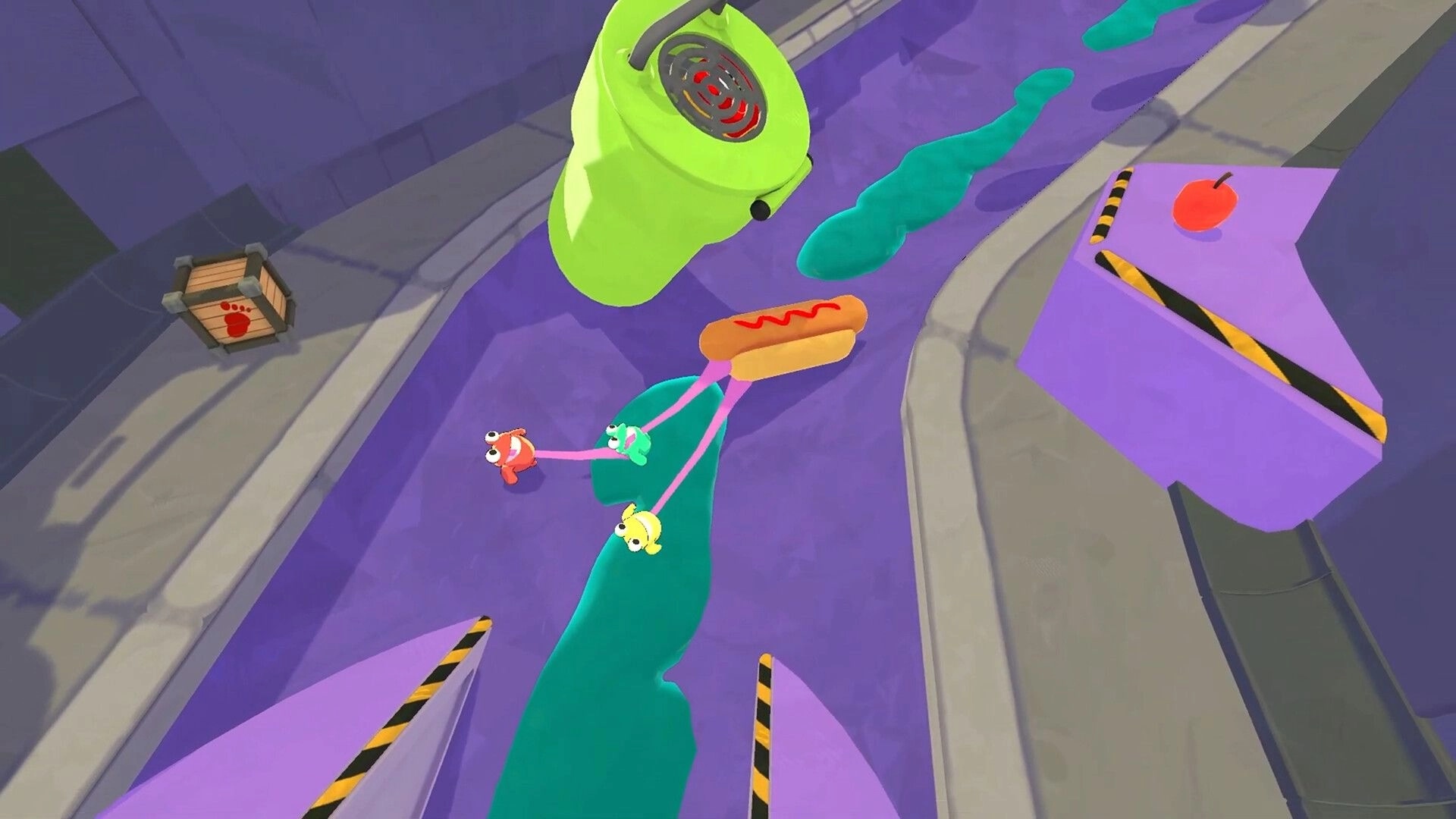 Frog Sqwad: Three frogs swing on a hotdog over purple sewer water with a crate and apple nearby