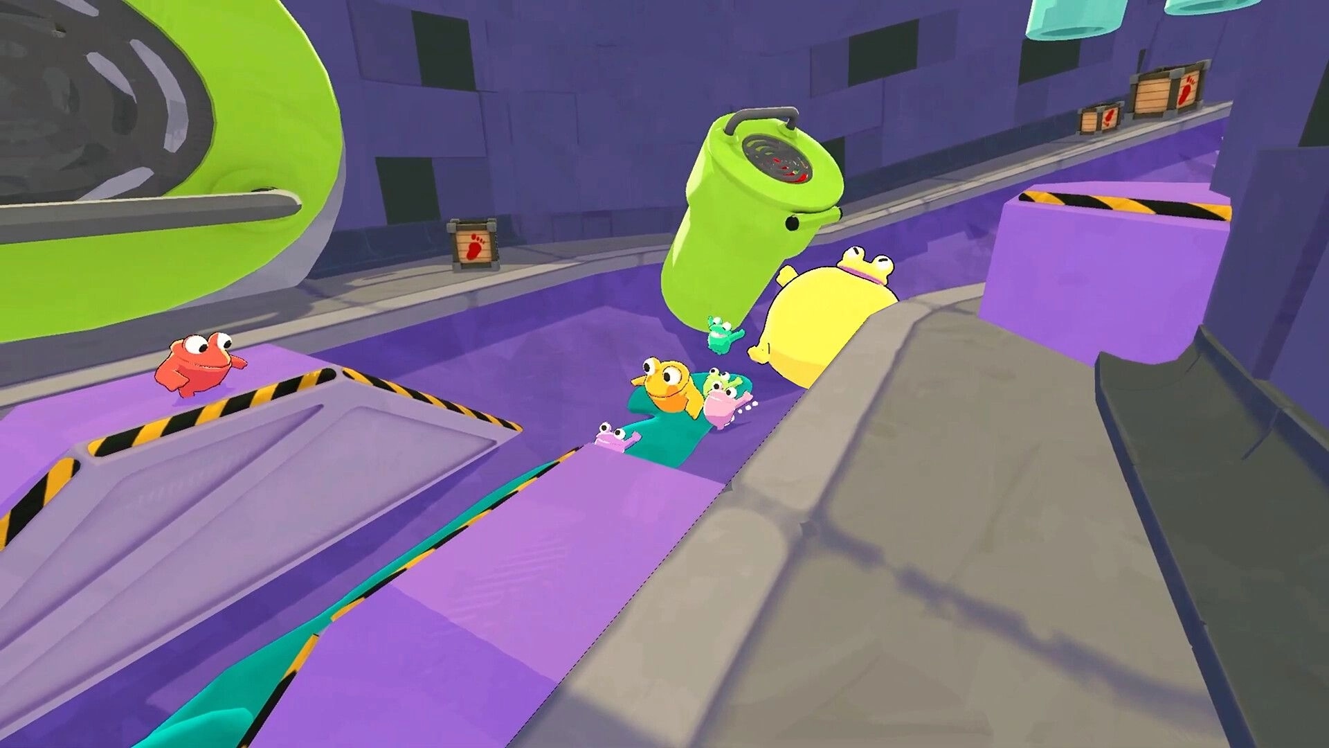 Frog Sqwad: Frogs navigate purple sewer with obstacles and a green barrel, aiming for teamwork success.