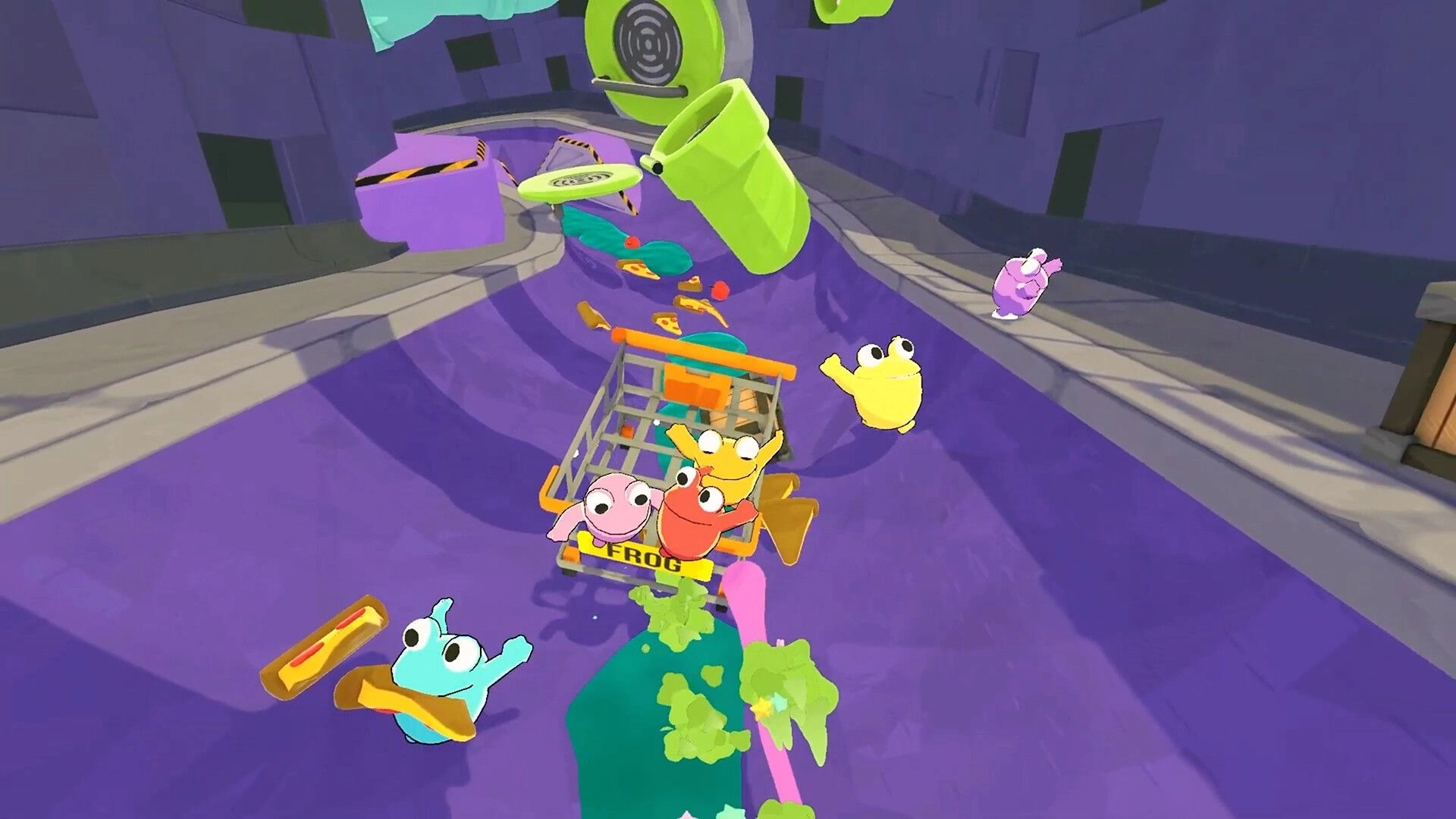 Frog Sqwad: Frogs riding a shopping cart down a purple sewer canal with pizza slices and pipes above.