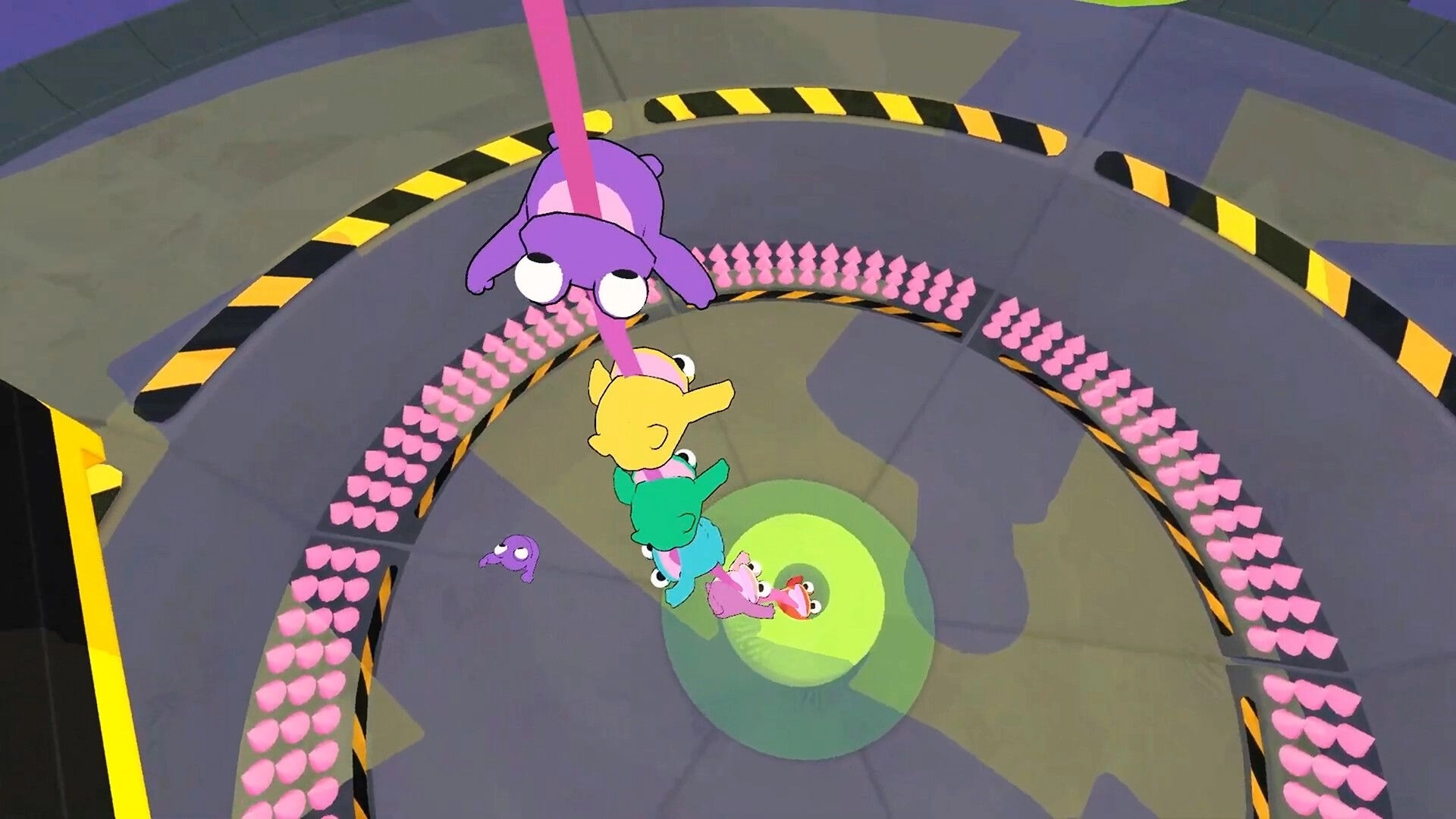 Frog Sqwad: Frogs swinging in a circular sewer arena with pink obstacles and yellow caution lines