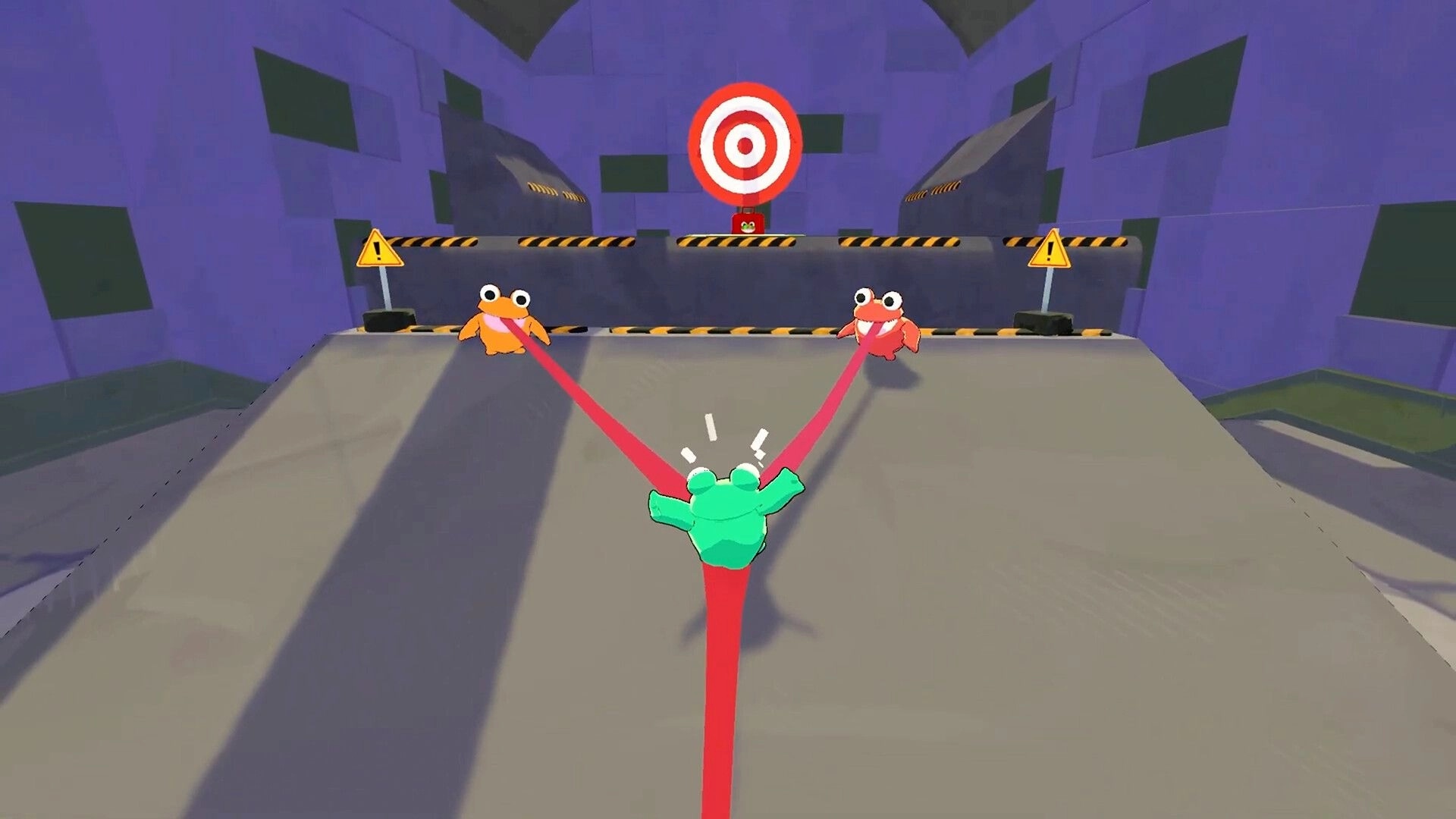 Frog Sqwad: Green frog catapulted by two friends towards a target in a sewer-like environment