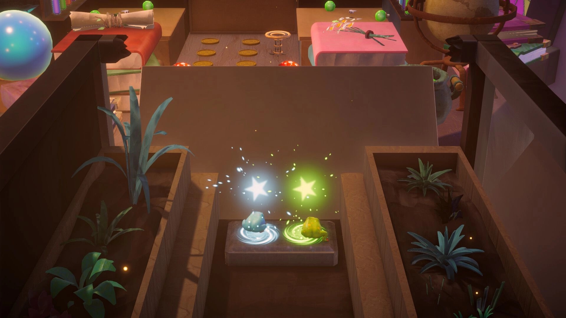 Froggin' Around: Two glowing frogs activating switches in a cozy, plant-filled puzzle environment