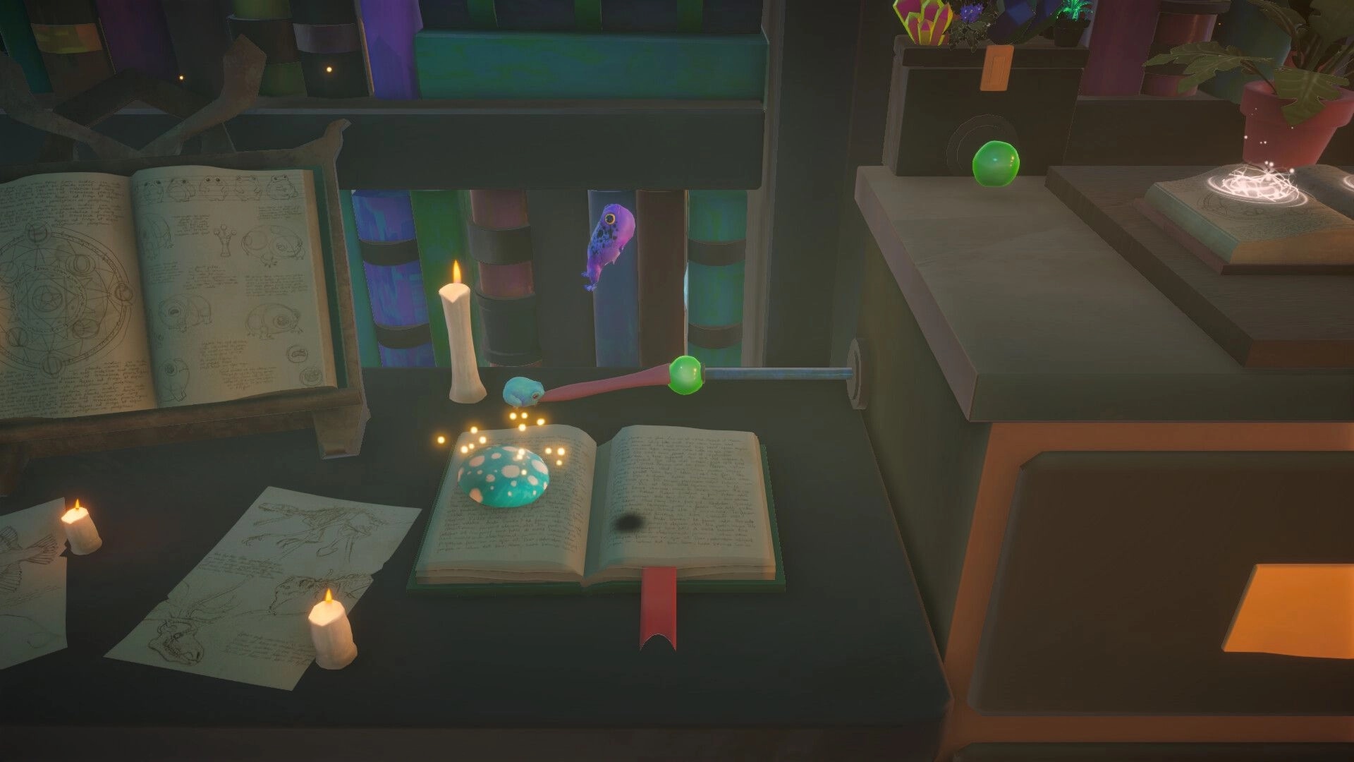Froggin' Around: Frog using tongue to interact with glowing objects on a cluttered desk with candles.