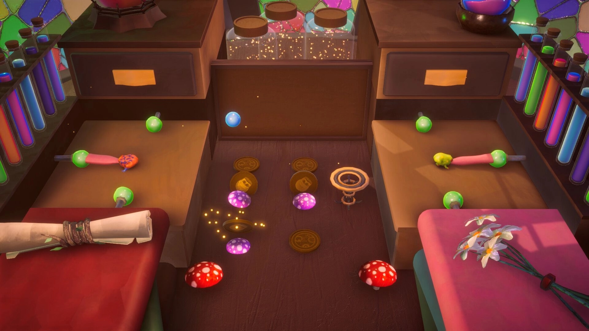 Froggin' Around: Frogs navigate a colorful potion lab full of glowing coins and vibrant mushrooms