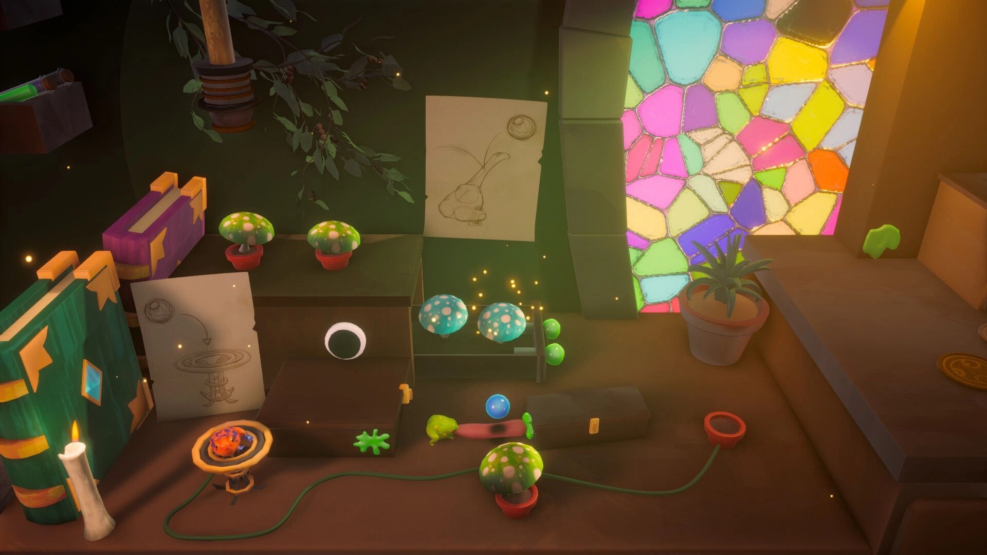 Froggin' Around: Frogs interact with colorful mushrooms and books in a cozy, magical room setting.