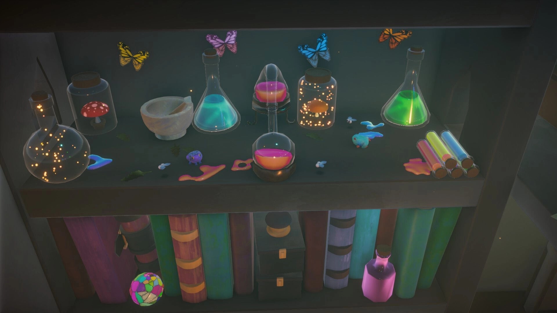 Froggin' Around: Colorful potion shelf with glowing flasks, butterflies, and spell books in a lab.