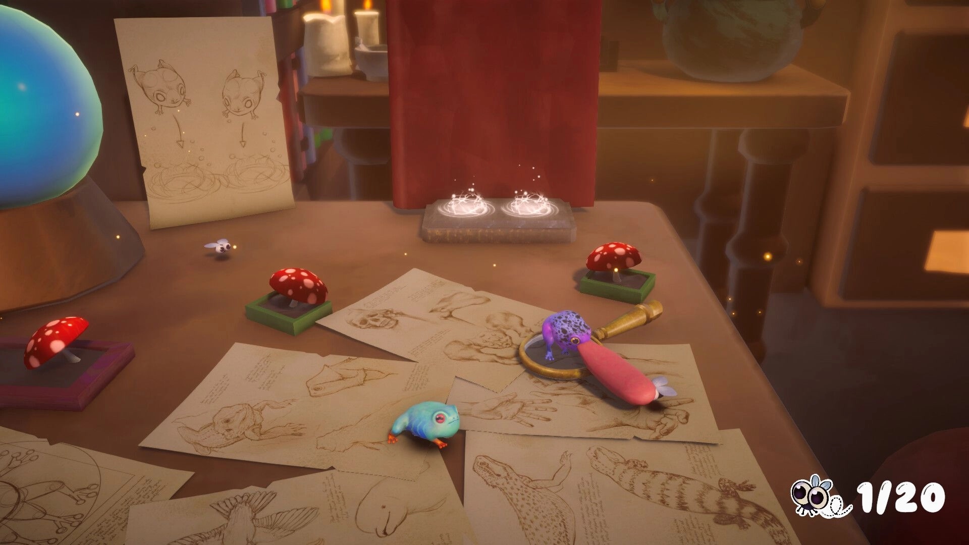 Froggin' Around: Two frogs explore a desk filled with sketches and glowing objects in a cozy room.