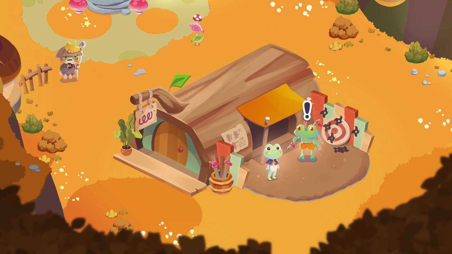 Froggy Brews: Two frogs stand by a target board with quest marker outside a small ice hut in autumn woods.