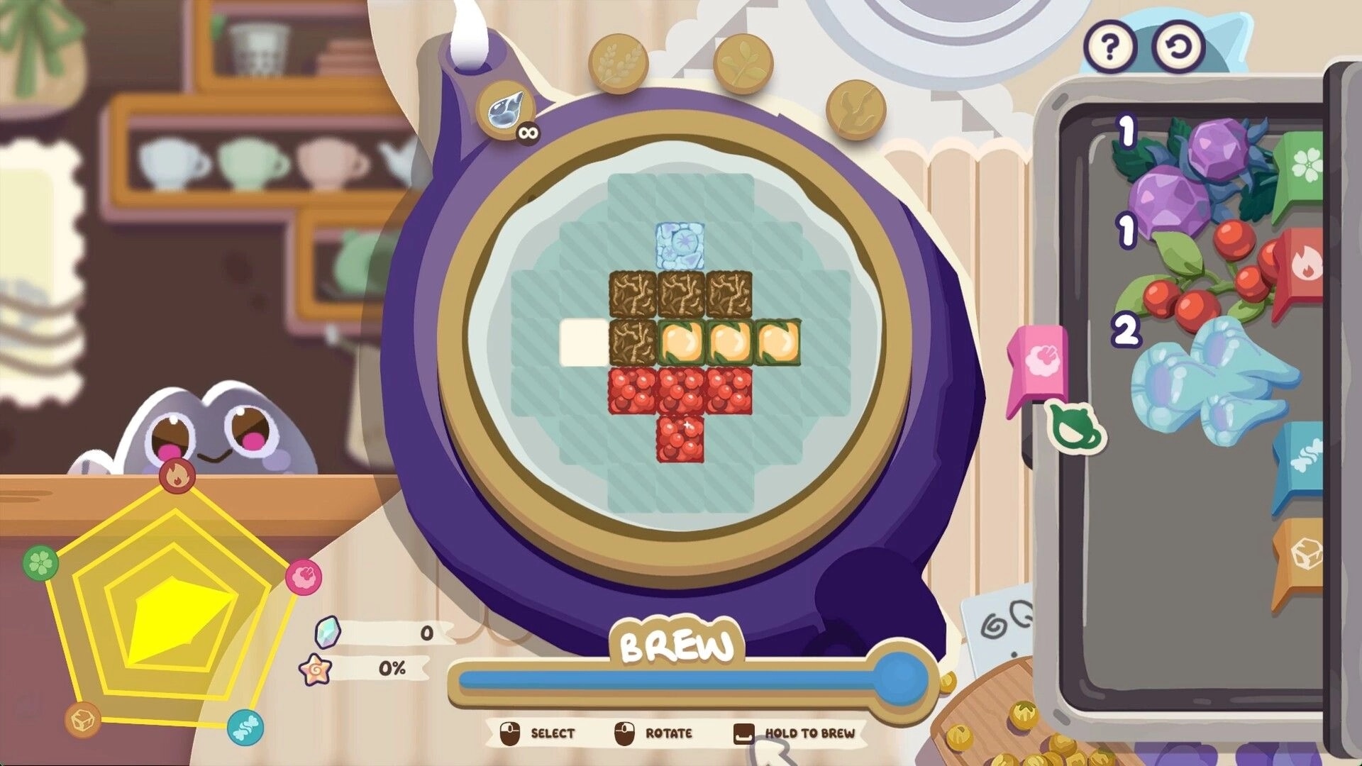 Froggy Brews: Tea brewing puzzle UI with ingredient blocks in a kettle, pantry tray on right side.