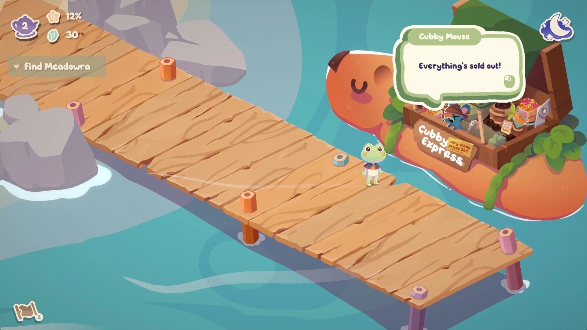 Froggy Brews: Frog stands on wooden dock by Cubby Express stall, Cubby Mouse says sold out!.