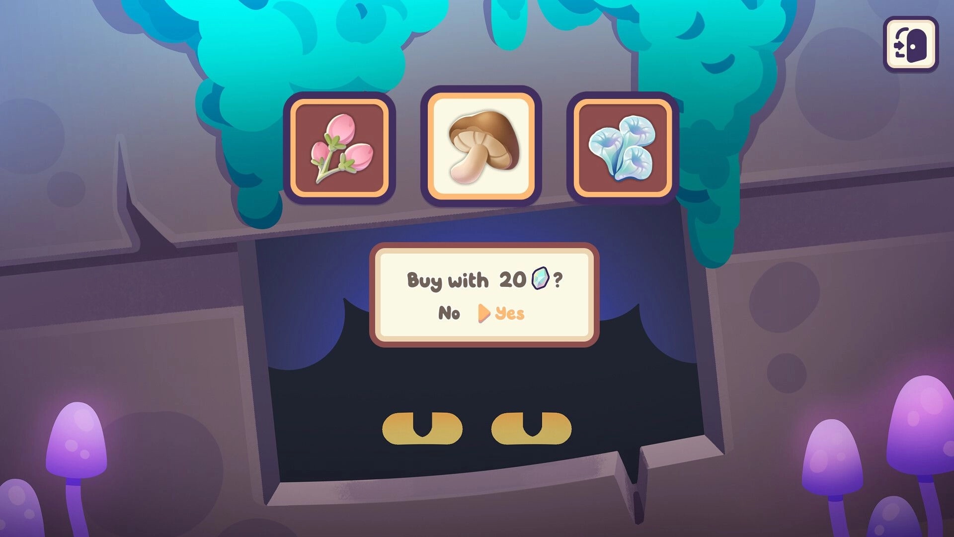 Froggy Brews: Shop purchase prompt for 20 gems with ingredient icons in a cave with glowing mushrooms.