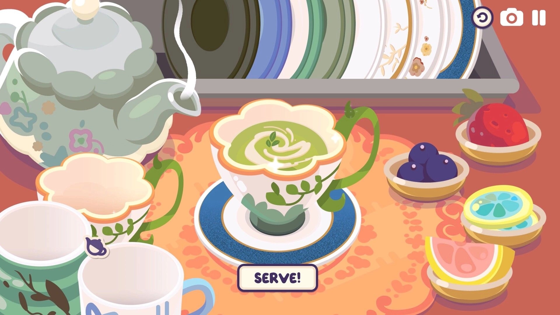 Froggy Brews: Serving green tea in a floral cup with fruit sides on a cozy countertop UI screen.
