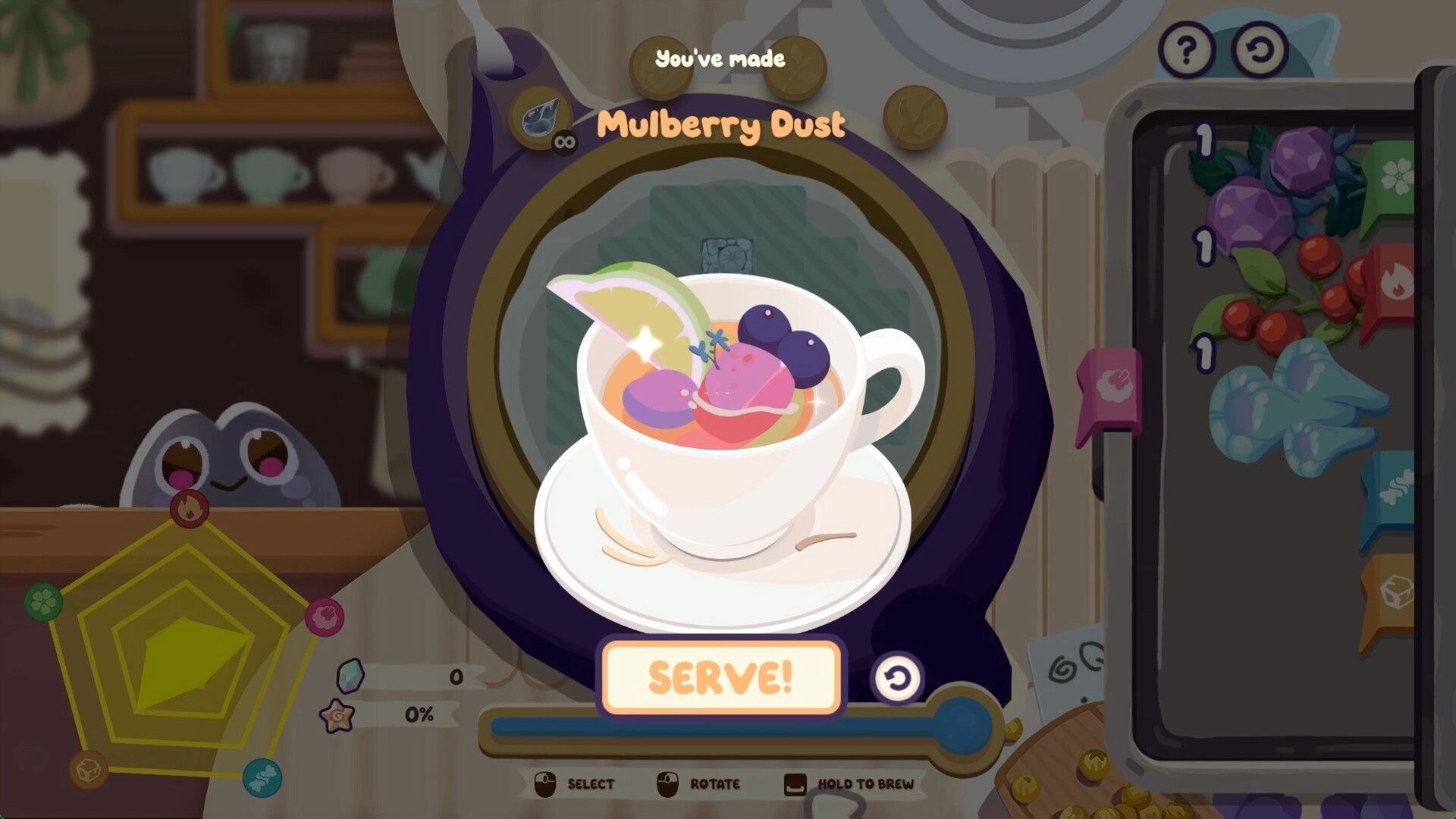 Froggy Brews: Mulberry Dust tea complete with Serve button and ingredient panel in cozy teahouse UI.