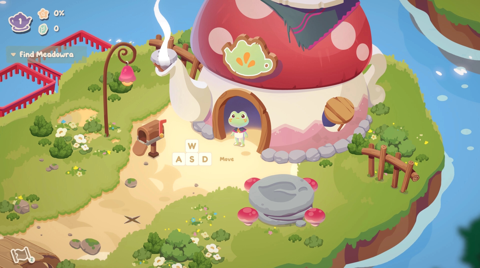 Froggy Brews: Frog stands at mushroom teahouse door with Find Meadowra quest and WASD move hint UI.
