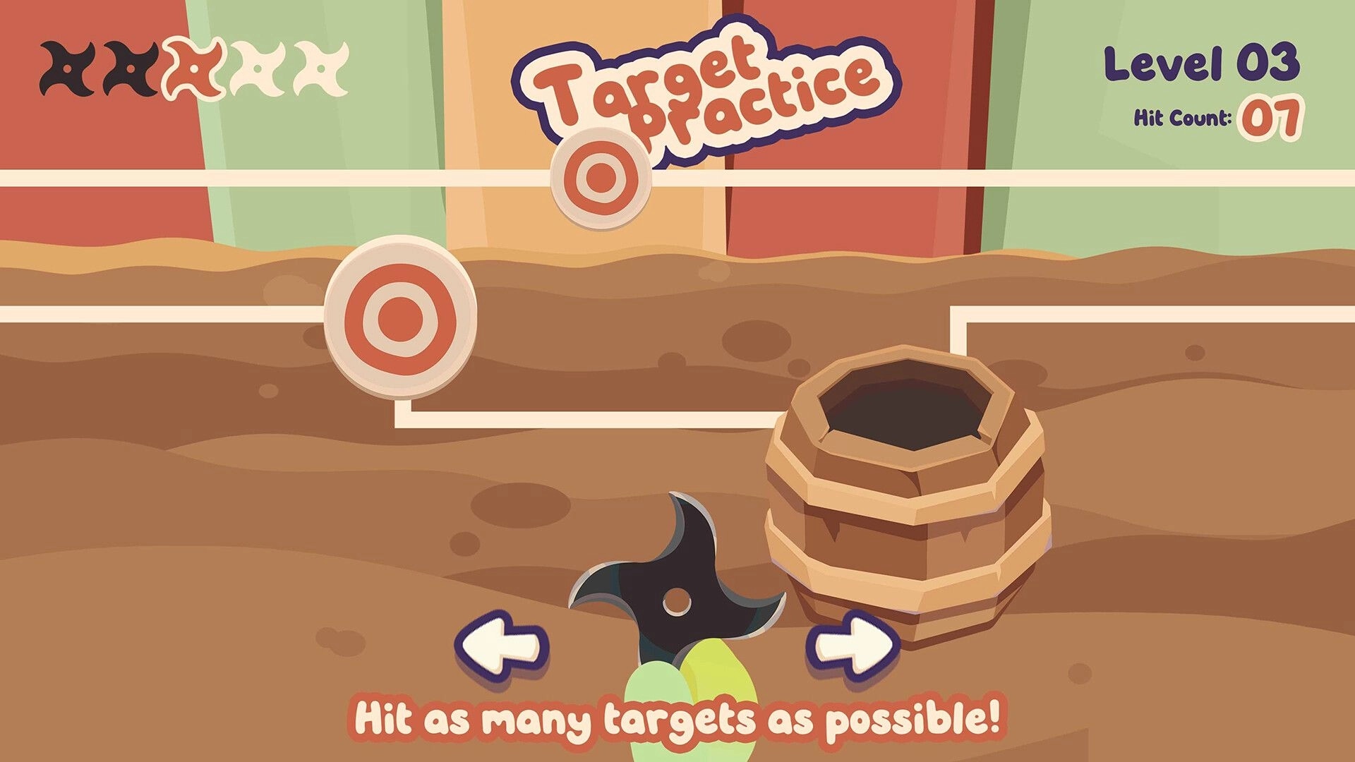 Froggy Brews: Target practice minigame with moving bullseyes and shuriken in a wooden booth UI.