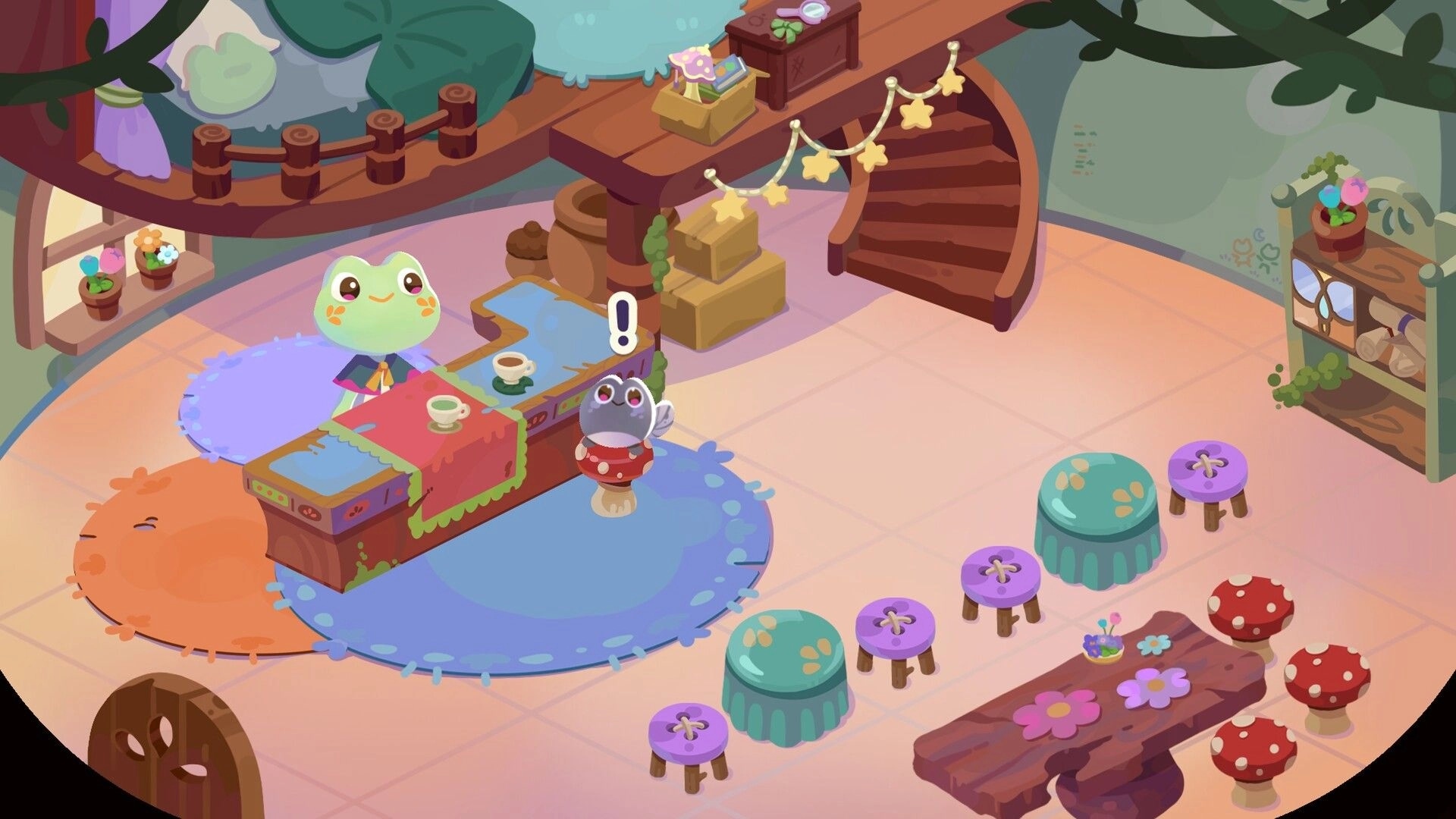 Froggy Brews: Frog barista at tea counter with cups, exclamation quest icon, cozy cafe interior.