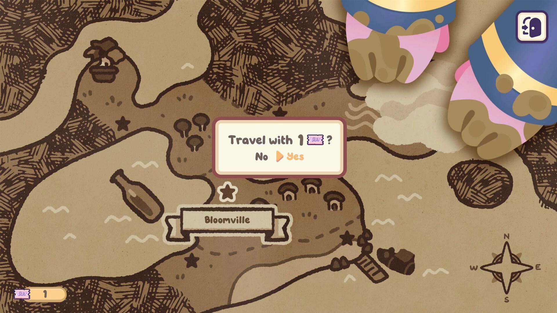Froggy Brews: Travel prompt with Yes/No over Bloomville map, ticket count UI and frog feet visible.