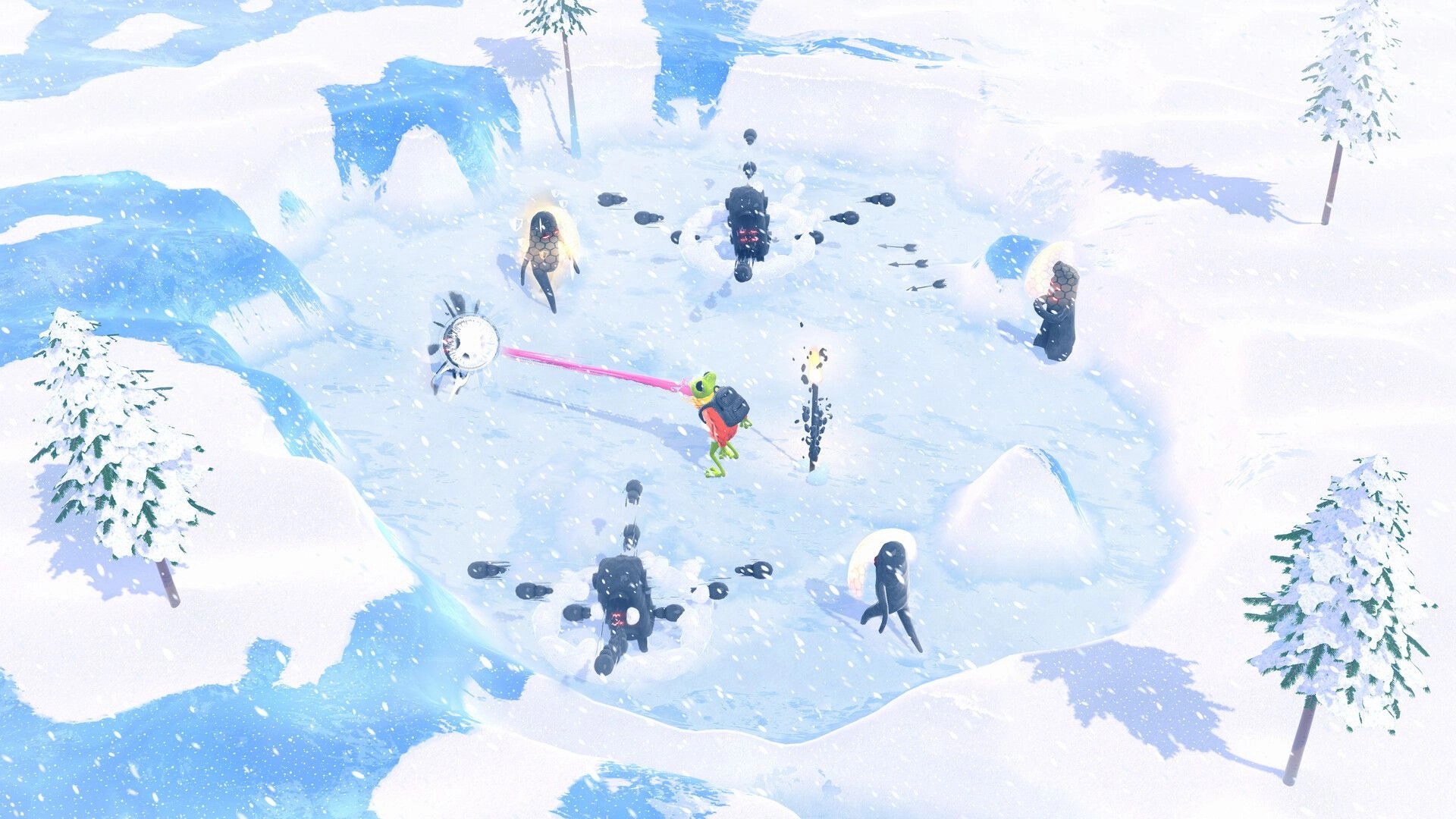 FROGGY HATES SNOW: Froggy uses laser tongue against icy foes in a snowy battlefield surrounded by trees.