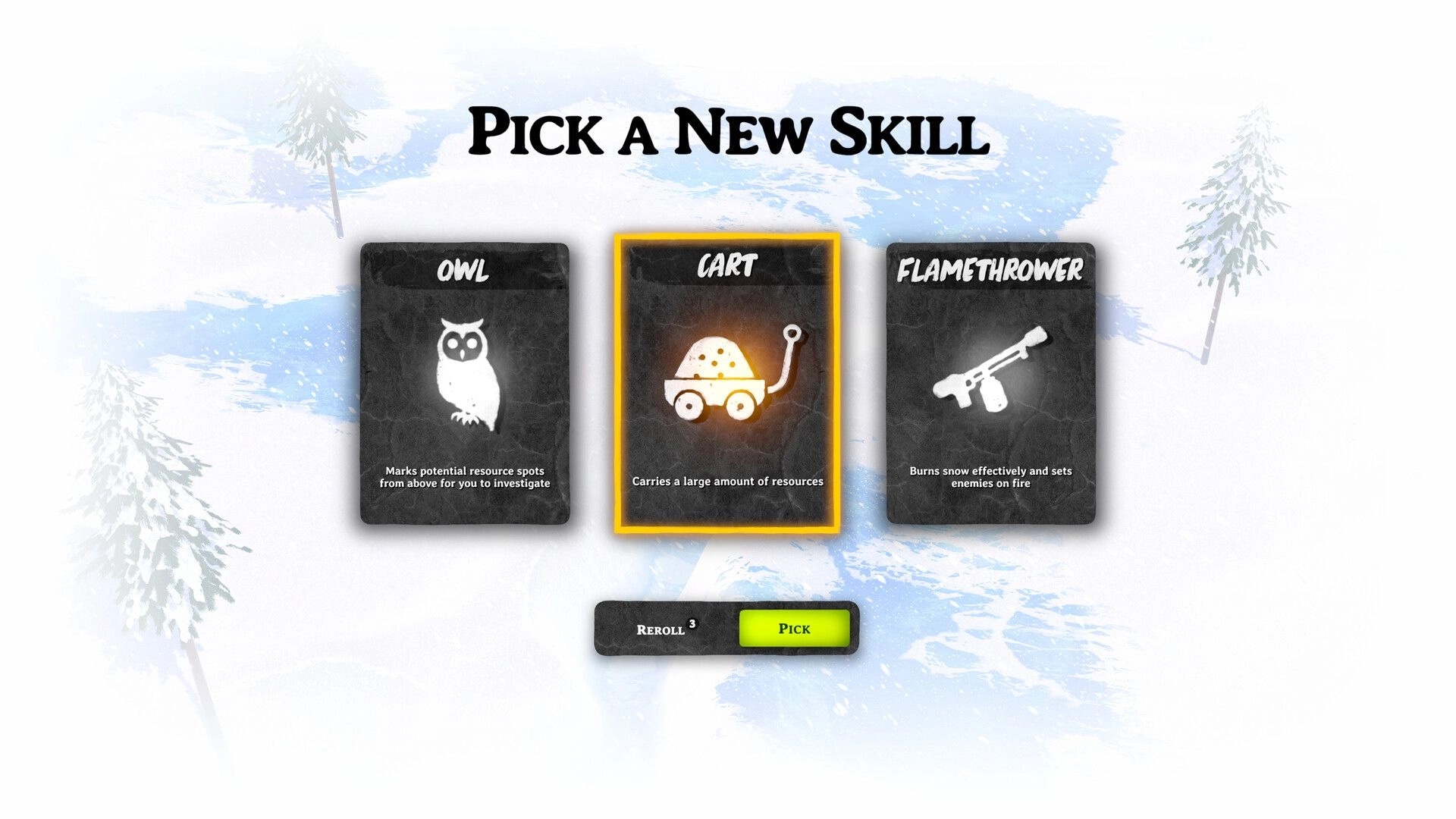 FROGGY HATES SNOW: Skill selection screen with options for Owl, Cart, and Flamethrower in snowy setting.