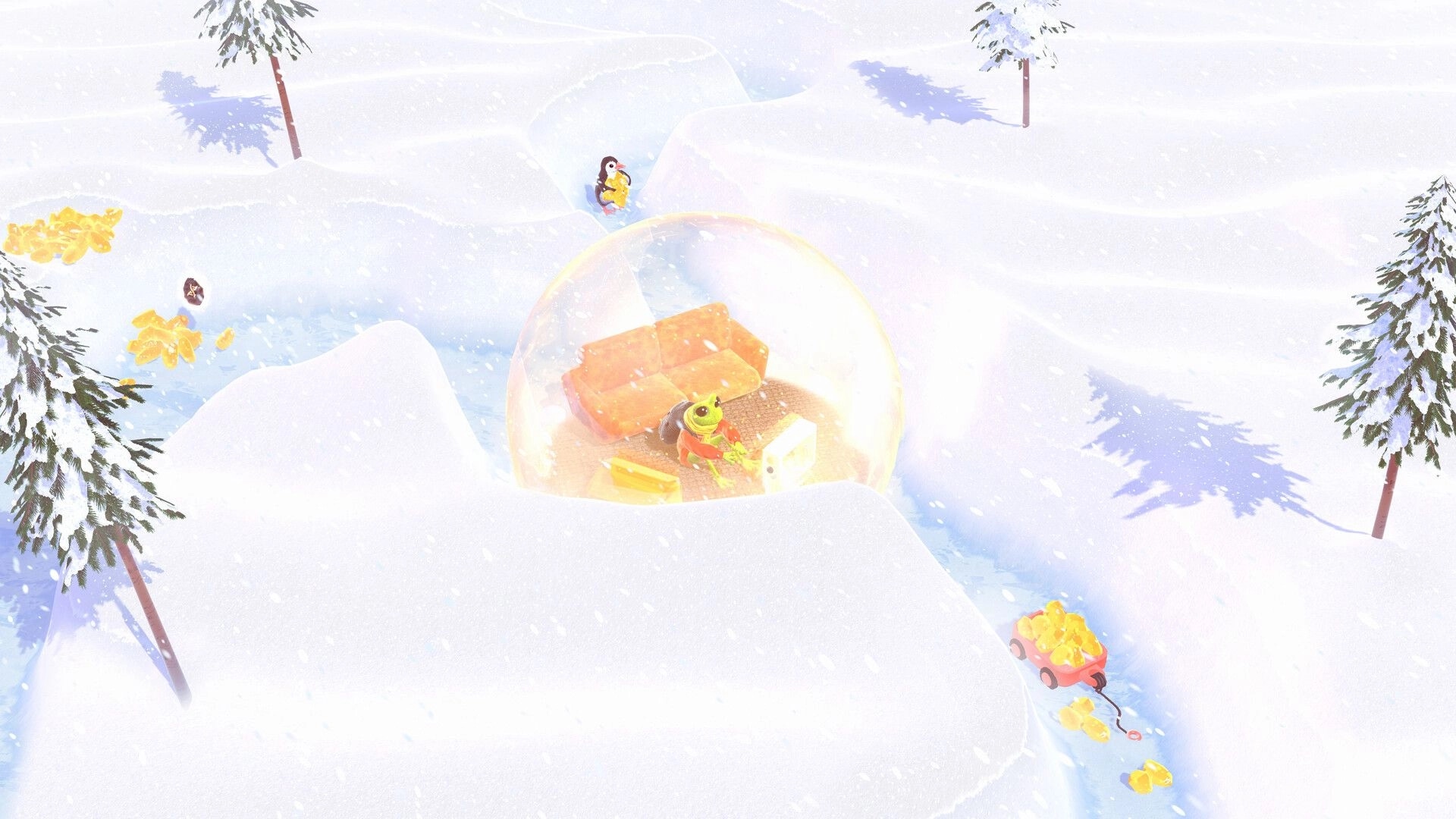 FROGGY HATES SNOW: Frog in a cozy bubble digs through snow collecting treasures in a snowy landscape.