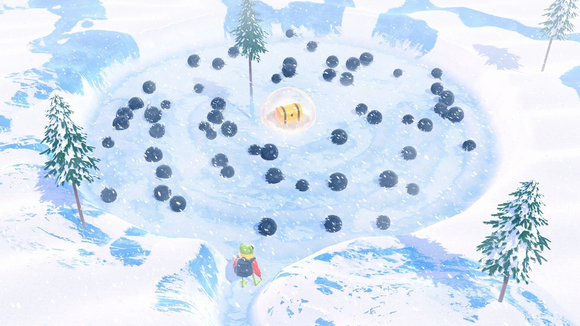 FROGGY HATES SNOW: Froggy approaches treasure chest surrounded by snowballs in icy snowfield.
