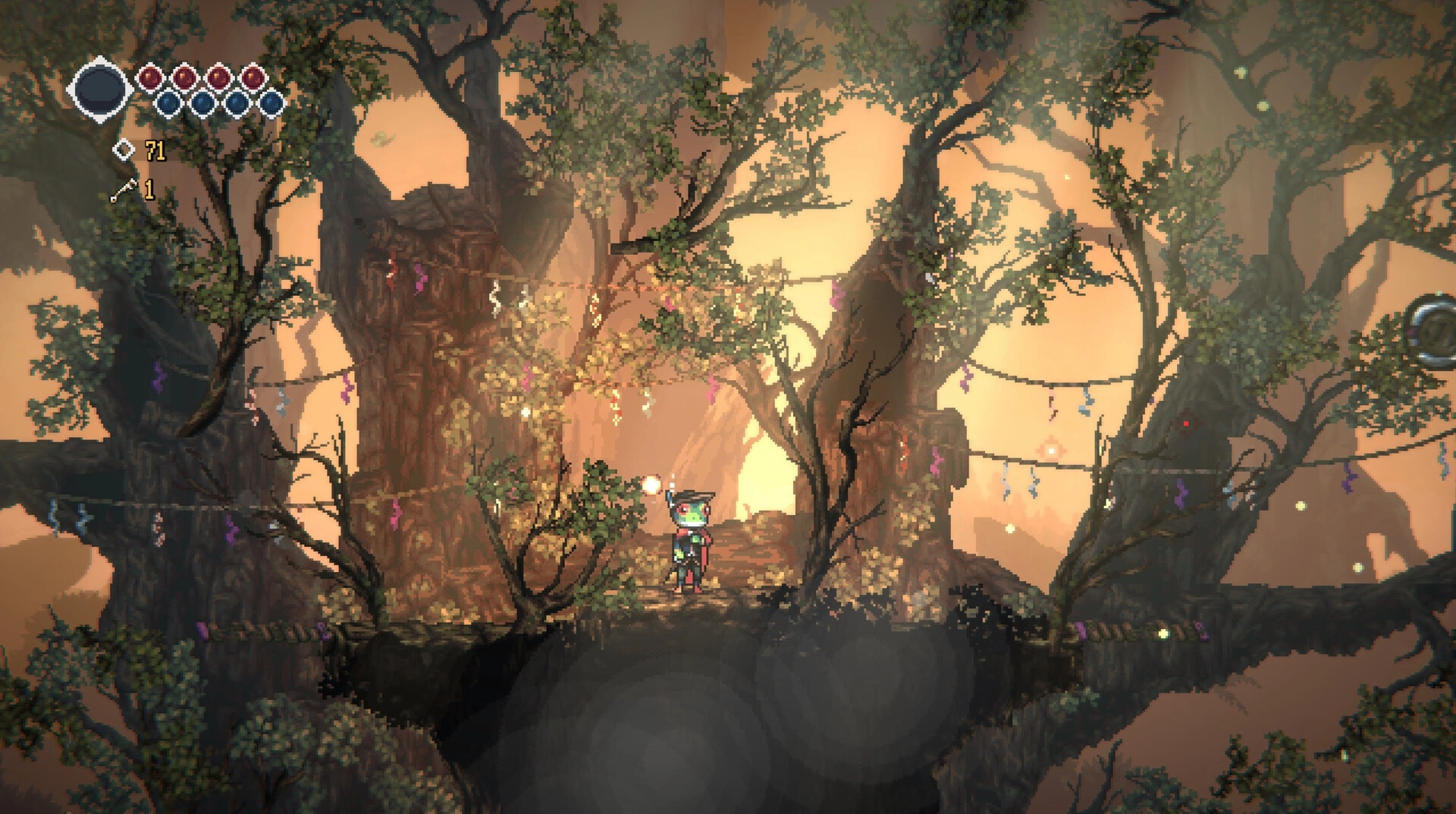 Frogreign: Prince Rill stands on a forest platform, surrounded by trees with colorful hanging lights.
