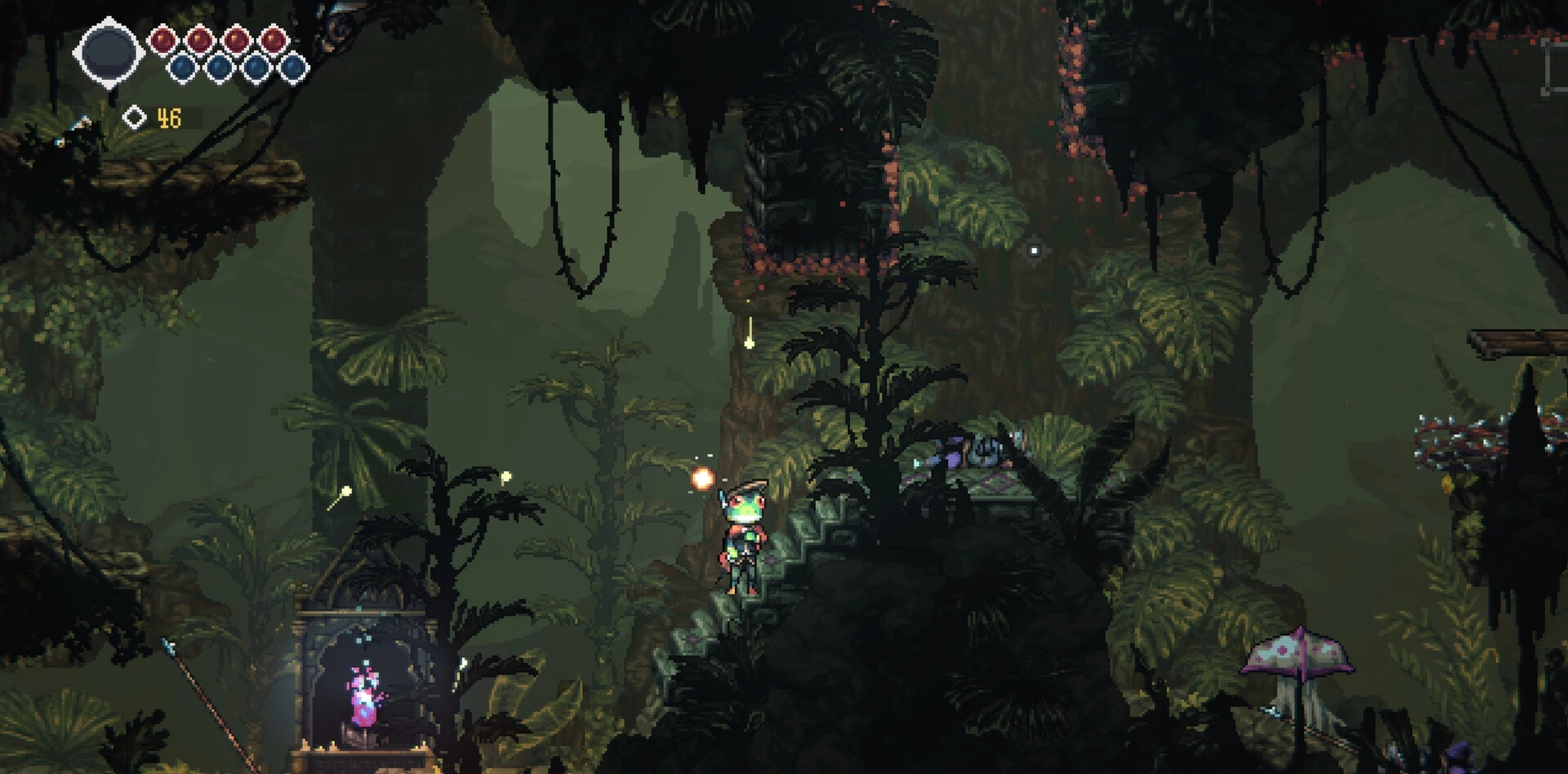 Frogreign: Prince Rill stands on stone steps in a lush jungle, with health and currency HUD visible.