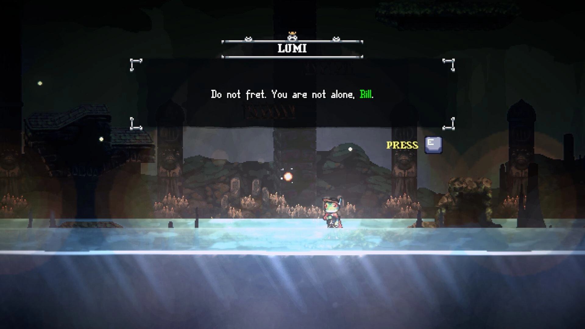 Frogreign: Prince Rill stands in a dim cavern with dialogue from Lumi and a prompt to press E visible.